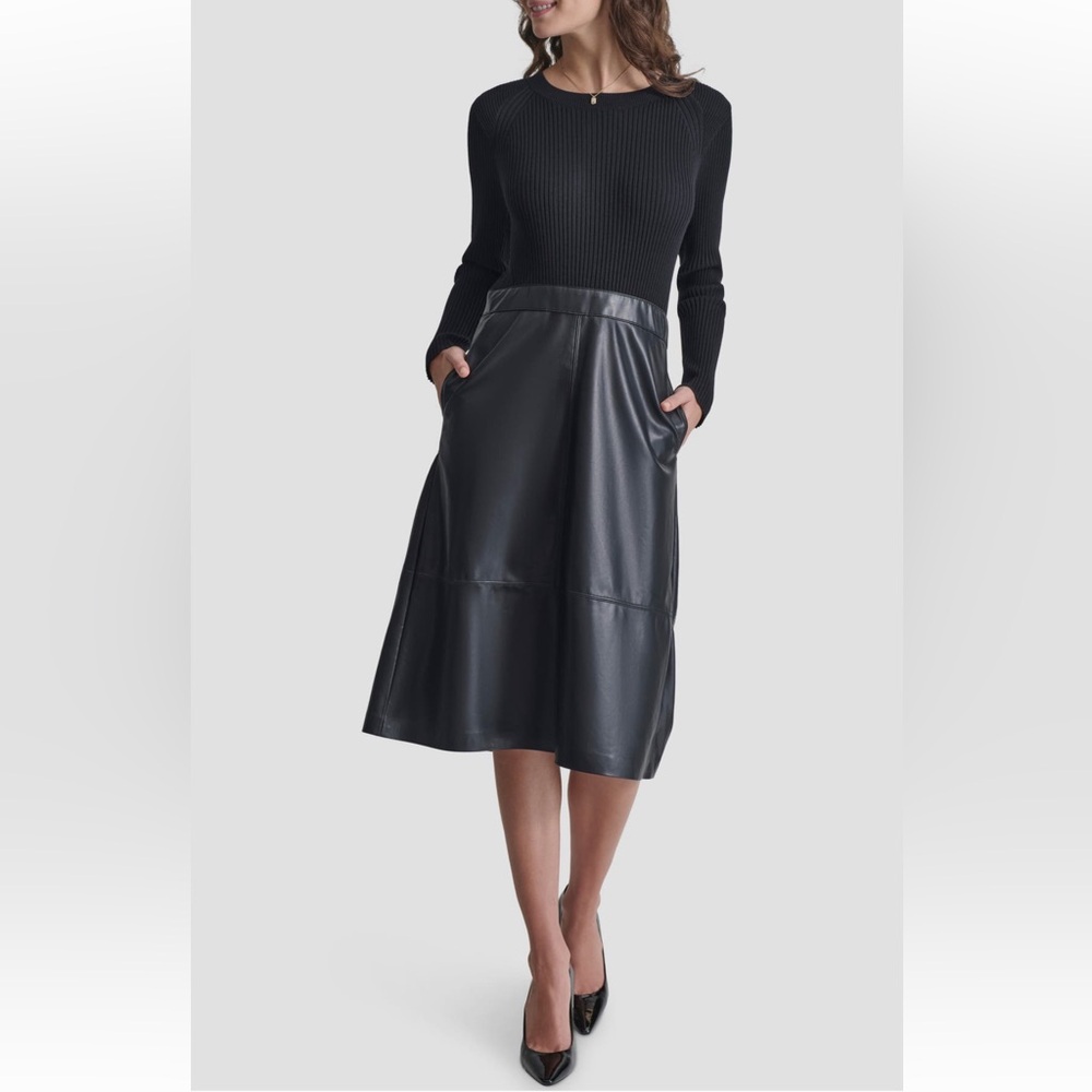 DKNY Long Sleeve Rib & Faux Leather Dress